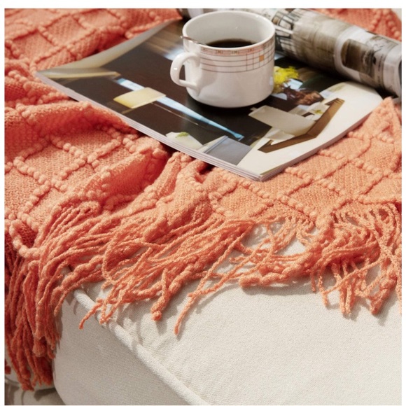 Orange/Coral Bohemian Tassel Knit Throw Cozy Fringe Patterned Farmhouse Blanket - Picture 3 of 16